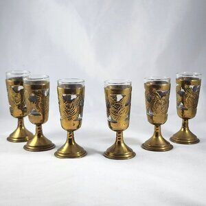 Vintage Mexican Brass Overlay Cordial Shot Glass 6pc Set Tequila Shooter Glasses